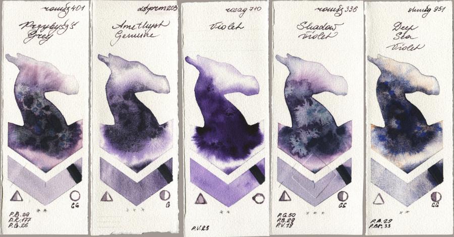Roman Szmal Aquarius 401 Przybyszs Grey vs Daniel Smith 203 Amethyst Genuine vs Rosa Gallery 710 Violet vs 336 Shadow Violet vs Shminke Horadam Aquarell 951 Deep Sea Violet watercolor swatch