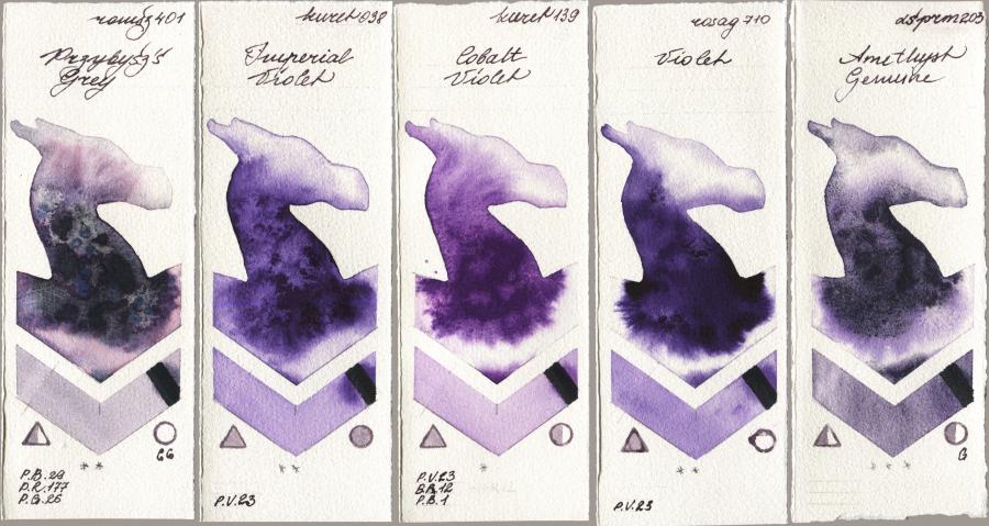 Roman Szmal Aquarius 401 Przybyszs Grey vs Kuretake Gansai Tambi 038 Imperial Violet vs 139 Cobalt Violet vs Rosa Gallery 710 Violet vs Daniel Smith 203 Amethyst Genuine watercolor swatch