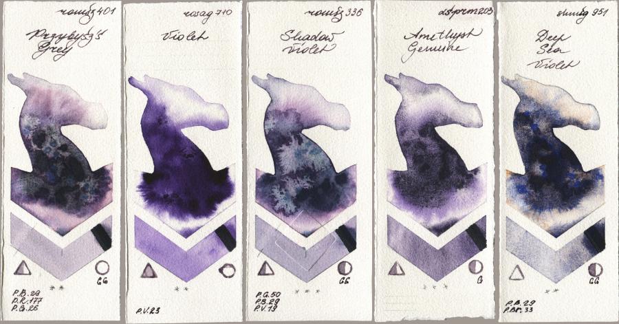 Roman Szmal Aquarius 401 Przybyszs Grey vs Rosa Gallery 710 Violet vs 336 Shadow Violet vs Daniel Smith 203 Amethyst Genuine vs Shminke Horadam Aquarell 951 Deep Sea Violet watercolor swatch