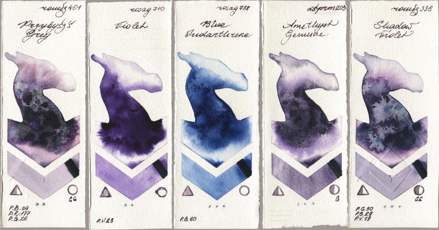 Roman Szmal Aquarius 401 Przybyszs Grey vs Rosa Gallery 710 Violet vs 738 Blue Indanthrone vs Daniel Smith 203 Amethyst Genuine vs 336 Shadow Violet watercolor swatch