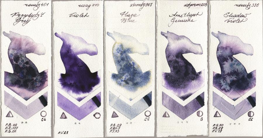 Roman Szmal Aquarius 401 Przybyszs Grey vs Rosa Gallery 710 Violet vs Shminke Horadam Aquarell 967 Haze Blue vs Daniel Smith 203 Amethyst Genuine vs 336 Shadow Violet watercolor swatch