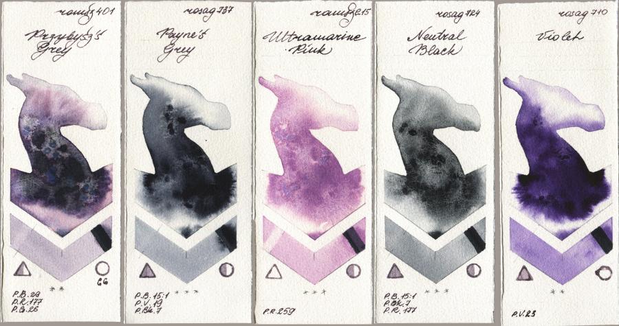 Roman Szmal Aquarius 401 Przybyszs Grey vs Rosa Gallery 737 Paynes Grey vs 215 Ultramarine Pink vs 724 Neutral Black vs 710 Violet watercolor swatch