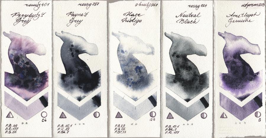 Roman Szmal Aquarius 401 Przybyszs Grey vs Rosa Gallery 737 Paynes Grey vs Shminke Horadam Aquarell 968 Haze Indigo vs 724 Neutral Black vs Daniel Smith 203 Amethyst Genuine watercolor swatch