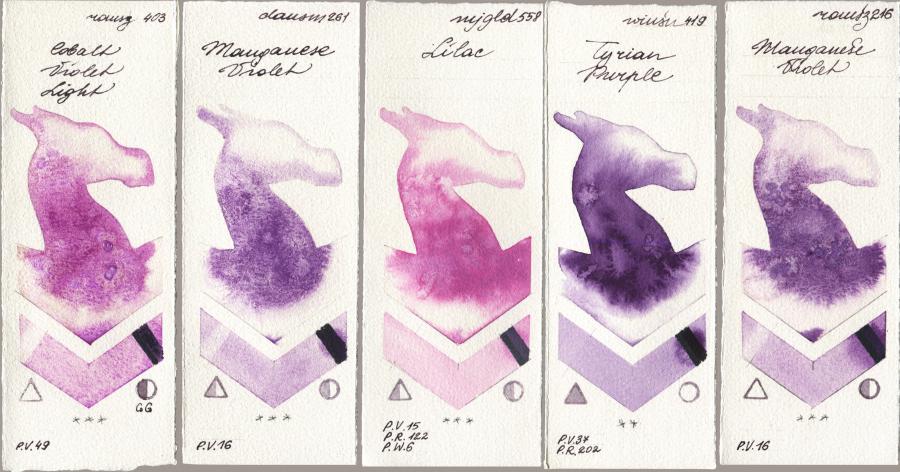 Roman Szmal Aquarius 403 Cobalt Violet Light vs Daniel Smith 261 Manganese Violet vs Mijello Mission Gold 558 Lilac vs Winsor & Newton Professional 419 Tyrian Purple vs 216 Manganese Violet watercolor swatch