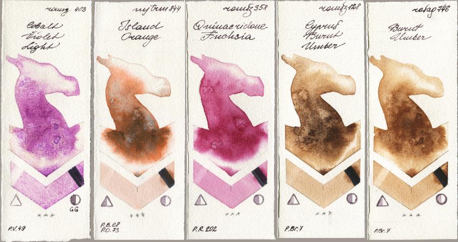 Roman Szmal Aquarius 403 Cobalt Violet Light vs Mijello Mission Gold 844 Island Orange vs 358 Quinacridone Fuchsia vs 128 Cyprus Burnt Umber vs Rosa Gallery 746 Burnt Umber watercolor swatch