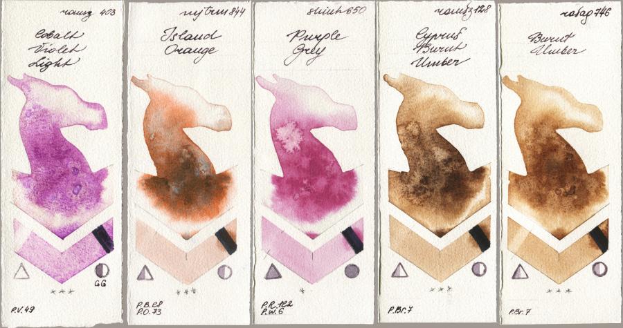 Roman Szmal Aquarius 403 Cobalt Violet Light vs Mijello Mission Gold 844 Island Orange vs Shinhan PWC 650 Purple Grey vs 128 Cyprus Burnt Umber vs Rosa Gallery 746 Burnt Umber watercolor swatch