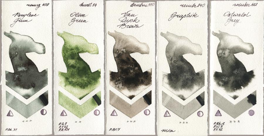 Roman Szmal Aquarius 409 Perylene Green vs Kuretake Gansai Tambi 054 Olive Green vs Daniel Smith 110 Van Dyck Brown vs Royal Talens Rembrandt Watercolour 840 Graphite vs Winsor & Newton Professional 428 Ostwald Grey watercolor swatch