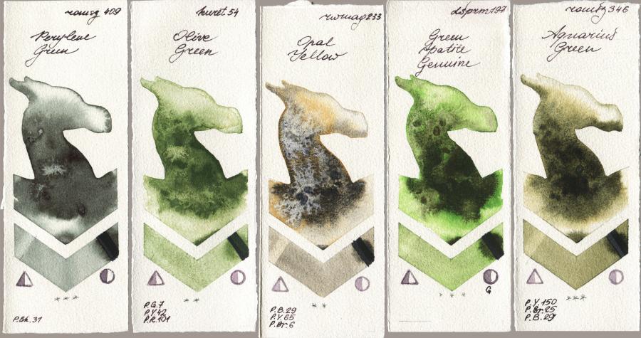 Roman Szmal Aquarius 409 Perylene Green vs Kuretake Gansai Tambi 054 Olive Green vs Rockwell 233 Opal Yellow vs Daniel Smith 197 Green Apatite Genuine vs 346 Aquarius Green watercolor swatch