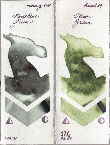 Roman Szmal Aquarius 409 Perylene Green vs Kuretake Gansai Tambi 54 Olive Green watercolor swatch