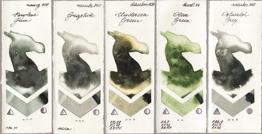 Roman Szmal Aquarius 409 Perylene Green vs Royal Talens Rembrandt Watercolour 840 Graphite vs Daniel Smith 109 Undersea Green vs Kuretake Gansai Tambi 054 Olive Green vs Winsor & Newton Professional 428 Ostwald Grey watercolor swatch
