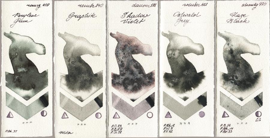 Roman Szmal Aquarius 409 Perylene Green vs Royal Talens Rembrandt Watercolour 840 Graphite vs Daniel Smith 188 Shadow Violet vs Winsor & Newton Professional 428 Ostwald Grey vs Shminke Horadam Aquarell 970 Haze Black watercolor swatch