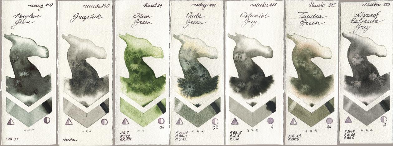 Roman Szmal Aquarius 409 Perylene Green, Royal Talens Rembrandt Watercolour 840 Graphite, Kuretake Gansai Tambi 054 Olive Green, Rosa Gallery 766 Jade Green, Winsor & Newton Professional 428 Ostwald Grey, Shminke Horadam Aquarell 985 Tundra Green, Daniel Smith 243 Alvaros Caliente Gr watercolor swatch