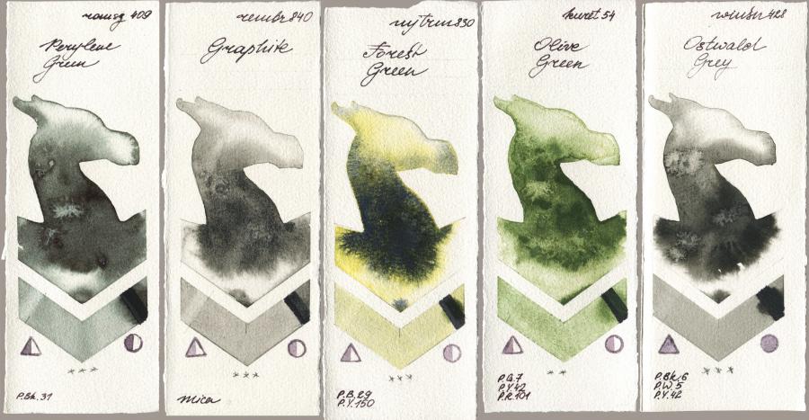 Roman Szmal Aquarius 409 Perylene Green vs Royal Talens Rembrandt Watercolour 840 Graphite vs Mijello Mission Gold 830 Forest Green vs Kuretake Gansai Tambi 054 Olive Green vs Winsor & Newton Professional 428 Ostwald Grey watercolor swatch