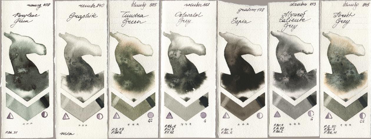 Roman Szmal Aquarius 409 Perylene Green, Royal Talens Rembrandt Watercolour 840 Graphite, Shminke Horadam Aquarell 985 Tundra Green, Winsor & Newton Professional 428 Ostwald Grey, M. Graham & Co. Artists 178 Sepia, Daniel Smith 243 Alvaros Caliente Grey, 945 Forest Gr watercolor swatch
