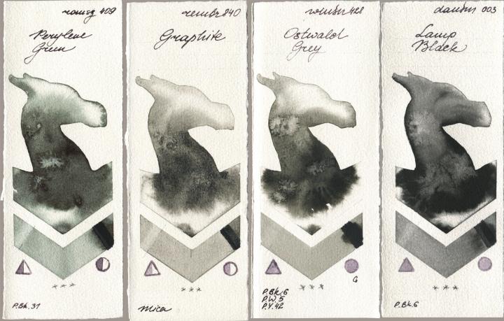 Roman Szmal Aquarius 409 Perylene Green, Royal Talens Rembrandt Watercolour 840 Graphite, Winsor & Newton Professional 428 Ostwald Grey, Daniel Smith 003 Lamp Bla watercolor swatch