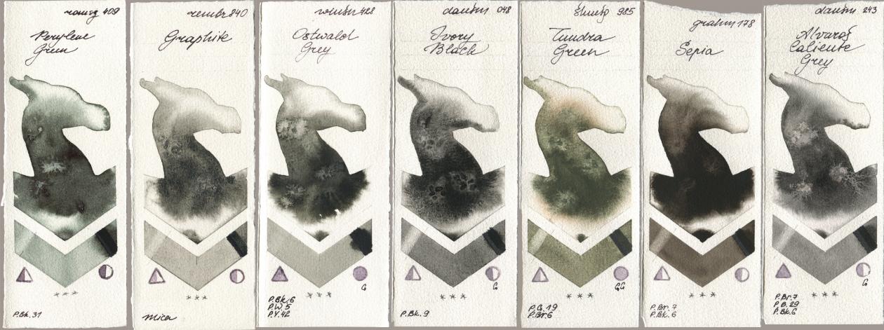 Roman Szmal Aquarius 409 Perylene Green, Royal Talens Rembrandt Watercolour 840 Graphite, Winsor & Newton Professional 428 Ostwald Grey, Daniel Smith 048 Ivory Black, Shminke Horadam Aquarell 985 Tundra Green, M. Graham & Co. Artists 178 Sepia, 243 Alvaros Caliente Gr watercolor swatch