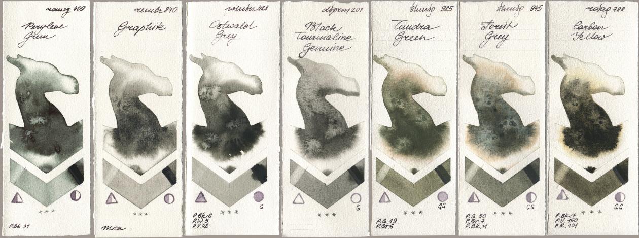 Roman Szmal Aquarius 409 Perylene Green, Royal Talens Rembrandt Watercolour 840 Graphite, Winsor & Newton Professional 428 Ostwald Grey, Daniel Smith 207 Black Tourmaline Genuine, Shminke Horadam Aquarell 985 Tundra Green, 945 Forest Grey, Rosa Gallery 788 Carbon Yell watercolor swatch