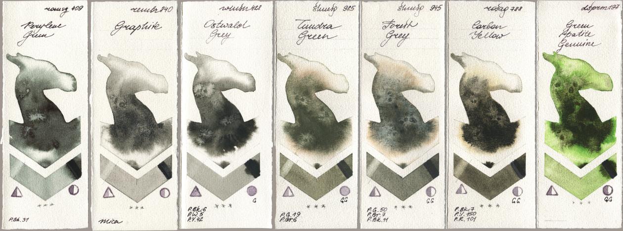 Roman Szmal Aquarius 409 Perylene Green, Royal Talens Rembrandt Watercolour 840 Graphite, Winsor & Newton Professional 428 Ostwald Grey, Shminke Horadam Aquarell 985 Tundra Green, 945 Forest Grey, Rosa Gallery 788 Carbon Yellow, Daniel Smith 197 Green Apatite Genui watercolor swatch