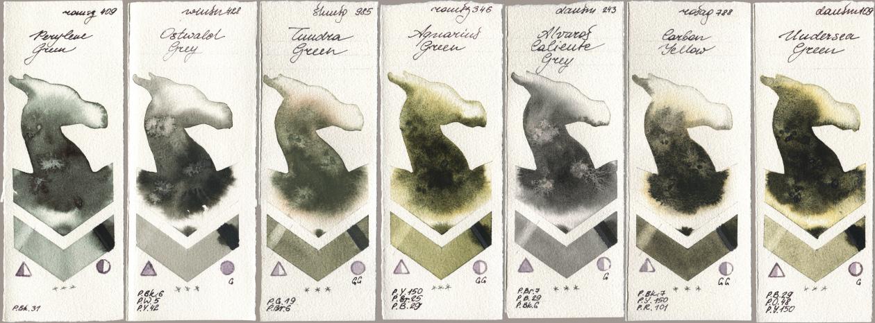 Roman Szmal Aquarius 409 Perylene Green, Winsor & Newton Professional 428 Ostwald Grey, Shminke Horadam Aquarell 985 Tundra Green, 346 Aquarius Green, Daniel Smith 243 Alvaros Caliente Grey, Rosa Gallery 788 Carbon Yellow, 109 Undersea Gre watercolor swatch