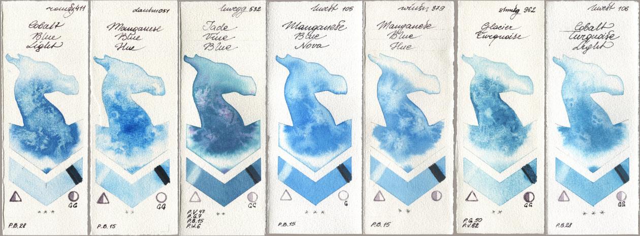 Roman Szmal Aquarius 411 Cobalt Blue Light, Daniel Smith 051 Manganese Blue Hue, Holbein Artists Watercolor 532 Jade Vine Blue, 105 Manganese Blue Nova, Winsor & Newton Professional 379 Manganese Blue Hue, Shminke Horadam Aquarell 962 Glacier Turquoise, 106 Cobalt Turquoise Lig watercolor swatch