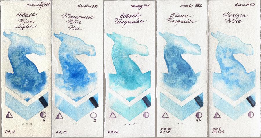 Roman Szmal Aquarius 411 Cobalt Blue Light vs Daniel Smith 051 Manganese Blue Hue vs Rosa Gallery 741 Cobalt Turquoise vs Shminke Horadam Aquarell 962 Glacier Turquoise vs Kuretake Gansai Tambi 69 Horizon Blue watercolor swatch