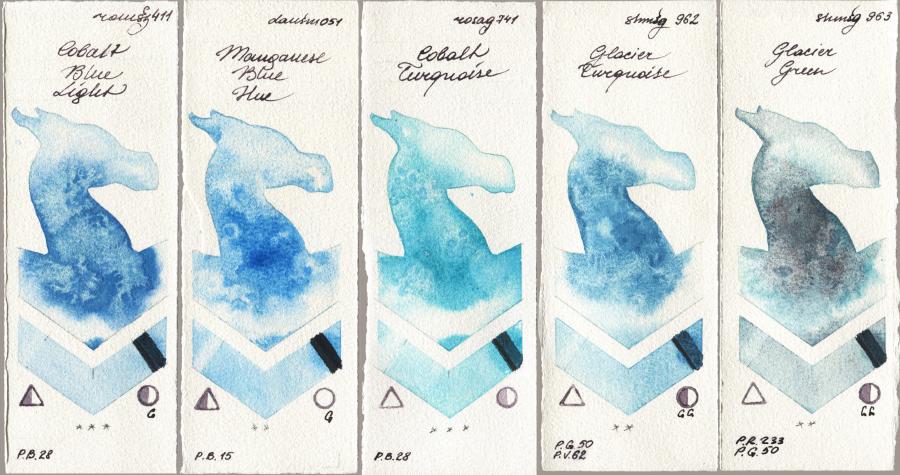 Roman Szmal Aquarius 411 Cobalt Blue Light vs Daniel Smith 051 Manganese Blue Hue vs Rosa Gallery 741 Cobalt Turquoise vs Shminke Horadam Aquarell 962 Glacier Turquoise vs 963 Glacier Green watercolor swatch