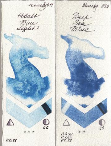 Roman Szmal Aquarius 411 Cobalt Blue Light, Shminke Horadam Aquarell 953 Deep Sea Bl watercolor swatch
