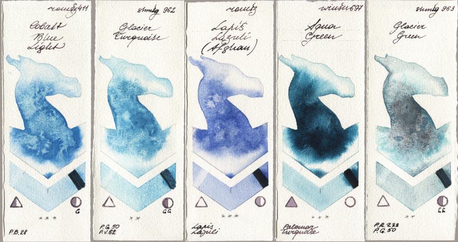 Roman Szmal Aquarius 411 Cobalt Blue Light vs Shminke Horadam Aquarell 962 Glacier Turquoise vs 999 Lapis Lazuli Afghan vs Winsor & Newton Professional 697 Aqua Green vs 963 Glacier Green watercolor swatch