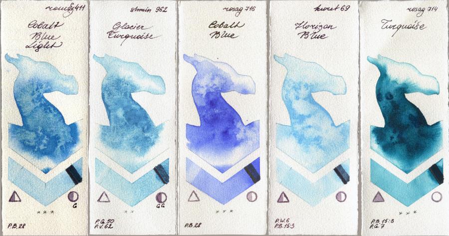 Roman Szmal Aquarius 411 Cobalt Blue Light vs Shminke Horadam Aquarell 962 Glacier Turquoise vs Rosa Gallery 716 Cobalt Blue vs Kuretake Gansai Tambi 69 Horizon Blue vs 714 Turquiose watercolor swatch