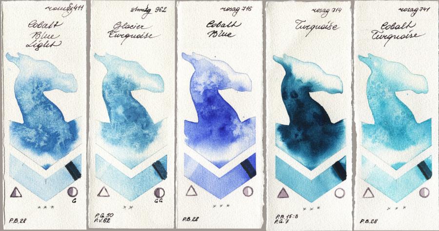 Roman Szmal Aquarius 411 Cobalt Blue Light vs Shminke Horadam Aquarell 962 Glacier Turquoise vs Rosa Gallery 716 Cobalt Blue vs 714 Turquiose vs 741 Cobalt Turquoise watercolor swatch