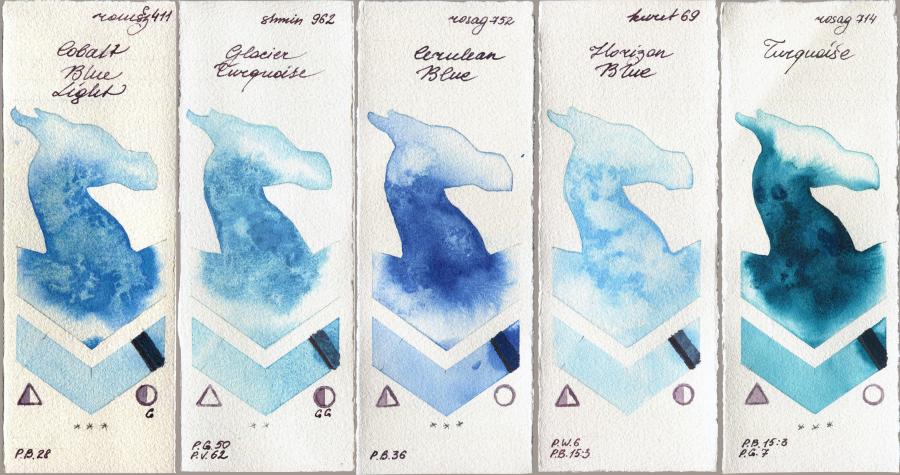 Roman Szmal Aquarius 411 Cobalt Blue Light vs Shminke Horadam Aquarell 962 Glacier Turquoise vs Rosa Gallery 752 Cerulean Blue vs Kuretake Gansai Tambi 69 Horizon Blue vs 714 Turquiose watercolor swatch