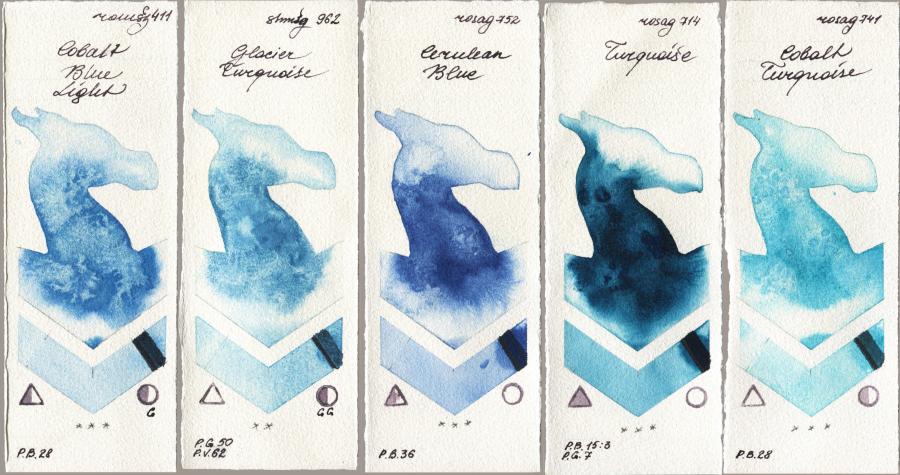 Roman Szmal Aquarius 411 Cobalt Blue Light vs Shminke Horadam Aquarell 962 Glacier Turquoise vs Rosa Gallery 752 Cerulean Blue vs 714 Turquiose vs 741 Cobalt Turquoise watercolor swatch
