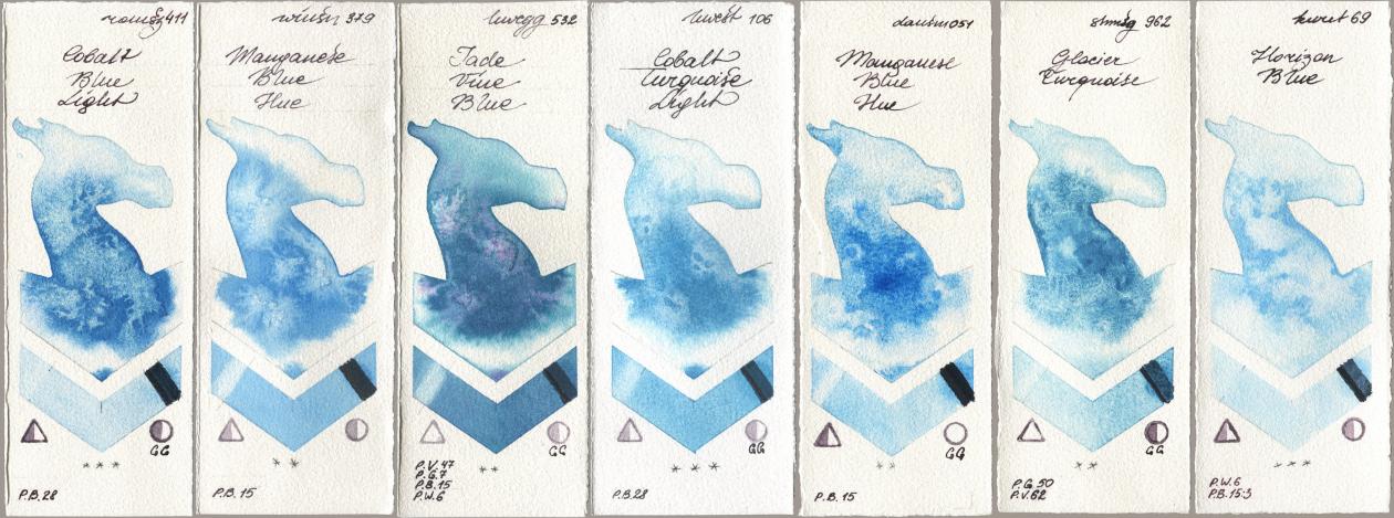 Roman Szmal Aquarius 411 Cobalt Blue Light, Winsor & Newton Professional 379 Manganese Blue Hue, Holbein Artists Watercolor 532 Jade Vine Blue, 106 Cobalt Turquoise Light, Daniel Smith 051 Manganese Blue Hue, Shminke Horadam Aquarell 962 Glacier Turquoise, Kuretake Gansai Tambi 069 Horizon Bl watercolor swatch