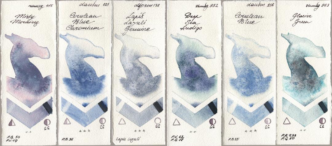 Roman Szmal Aquarius 415 Misty Morning, Daniel Smith 021 Cerulean Blue Chromium, 138 Lapis Lazuli Genuine, Shminke Horadam Aquarell 952 Deep Sea Indigo, 206 Cerulean Blue, 963 Glacier Gre watercolor swatch