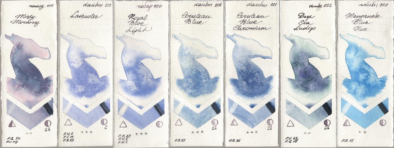Roman Szmal Aquarius 415 Misty Morning, Daniel Smith 232 Lavender, Rosa Gallery 750 Royal Blue Light, 206 Cerulean Blue, 021 Cerulean Blue Chromium, Shminke Horadam Aquarell 952 Deep Sea Indigo, Winsor & Newton Professional 379 Manganese Blue H watercolor swatch