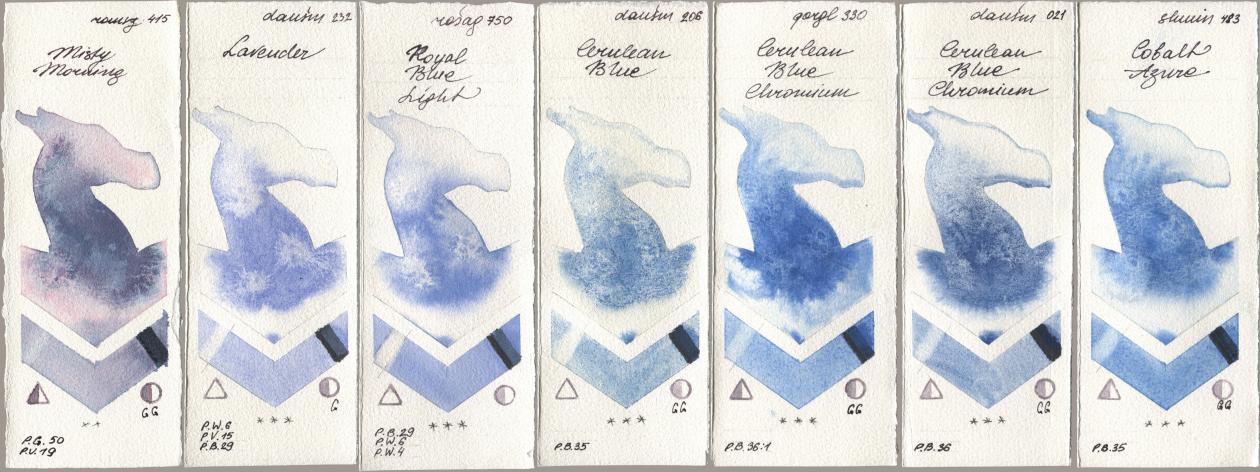 Roman Szmal Aquarius 415 Misty Morning, Daniel Smith 232 Lavender, Rosa Gallery 750 Royal Blue Light, 206 Cerulean Blue, Golden QOR 330 Cerulean Blue, Chromium, 021 Cerulean Blue Chromium, Shminke Horadam Aquarell 483 Cobalt Azu watercolor swatch