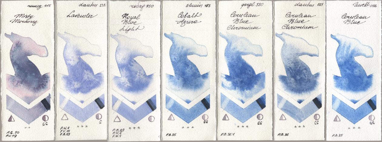 Roman Szmal Aquarius 415 Misty Morning, Daniel Smith 232 Lavender, Rosa Gallery 750 Royal Blue Light, Shminke Horadam Aquarell 483 Cobalt Azure, Golden QOR 330 Cerulean Blue, Chromium, 021 Cerulean Blue Chromium, Holbein Artists Watercolor 092 Cerulean Bl watercolor swatch