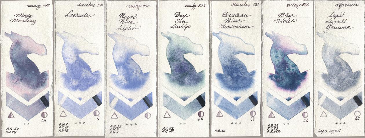 Roman Szmal Aquarius 415 Misty Morning, Daniel Smith 232 Lavender, Rosa Gallery 750 Royal Blue Light, Shminke Horadam Aquarell 952 Deep Sea Indigo, 021 Cerulean Blue Chromium, SuperVision 742 Blue Violet, 138 Lapis Lazuli Genui watercolor swatch