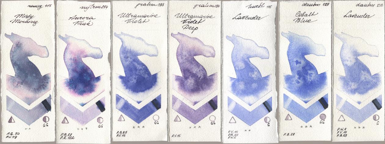 Roman Szmal Aquarius 415 Misty Morning, Mijello Mission Gold 814 Aurora Pink, M. Graham & Co. Artists 193 Ultramarine Violet, 194 Ultramarine Violet Deep, Holbein Artists Watercolor 116 Lavender, Daniel Smith 025 Cobalt Blue, 232 Lavend watercolor swatch