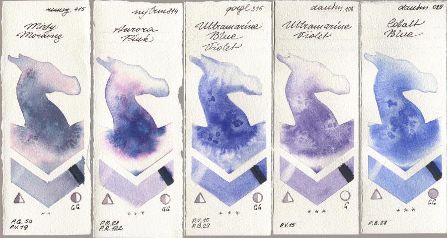 Roman Szmal Aquarius 415 Misty Morning, Mijello Mission Gold 814 Aurora Pink, Golden QOR 316 Ultramarine Blue Violet, Daniel Smith 108 Ultramarine Violet, 025 Cobalt Bl watercolor swatch