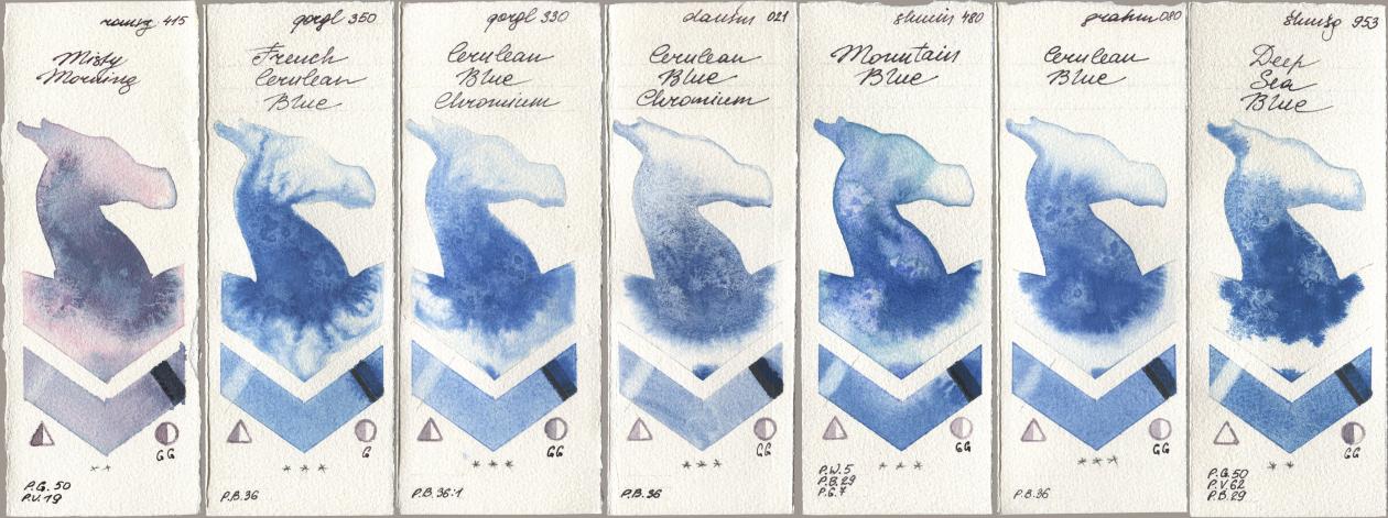 Roman Szmal Aquarius 415 Misty Morning, Golden QOR 350 French Cerulean Blue, 330 Cerulean Blue, Chromium, Daniel Smith 021 Cerulean Blue Chromium, Shminke Horadam Aquarell 480 Mountain Blue, M. Graham & Co. Artists 080 Cerulean Blue, 953 Deep Sea Bl watercolor swatch