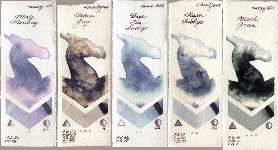 Roman Szmal Aquarius 415 Misty Morning vs 262 Urban Grey vs Shminke Horadam Aquarell 952 Deep Sea Indigo vs 968 Haze Indigo vs Rosa Gallery 760 Black Green watercolor swatch