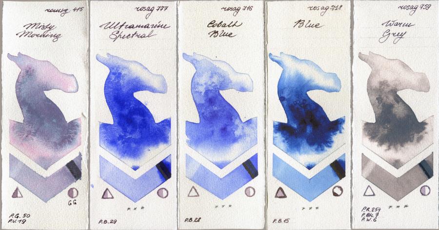 Roman Szmal Aquarius 415 Misty Morning vs Rosa Gallery 777 Ultramarine Spectral vs 716 Cobalt Blue vs 718 Blue vs 759 Warm Grey watercolor swatch