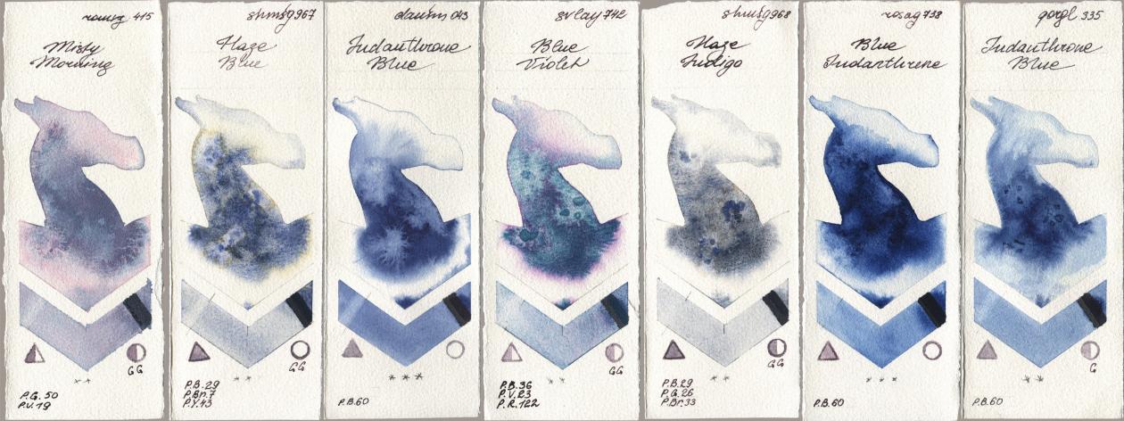 Roman Szmal Aquarius 415 Misty Morning, Shminke Horadam Aquarell 967 Haze Blue, Daniel Smith 043 Indanthrone Blue, SuperVision 742 Blue Violet, 968 Haze Indigo, Rosa Gallery 738 Blue Indanthrene, Golden QOR 335 Indanthrone Bl watercolor swatch
