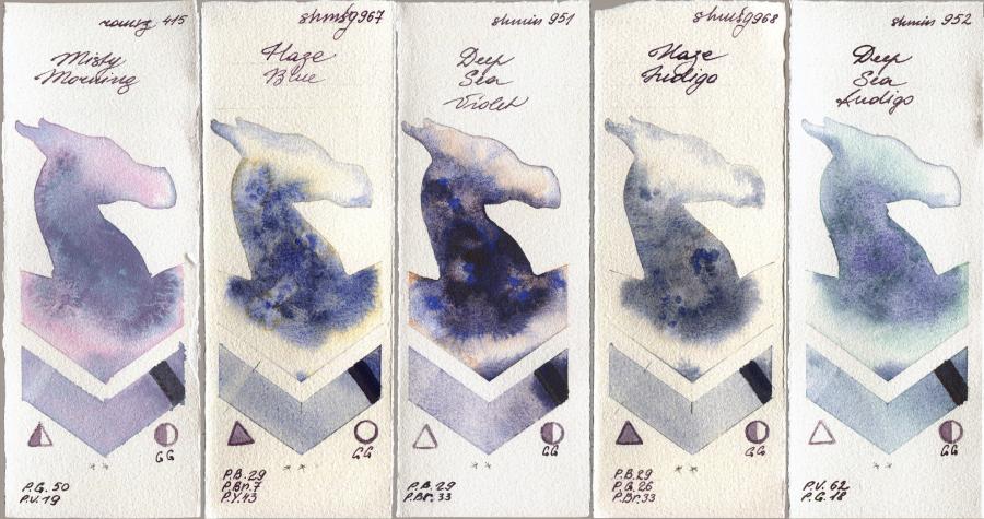 Roman Szmal Aquarius 415 Misty Morning vs Shminke Horadam Aquarell 967 Haze Blue vs 951 Deep Sea Violet vs 968 Haze Indigo vs 952 Deep Sea Indigo watercolor swatch