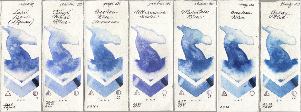 Roman Szmal Aquarius 999 Lapis Lazuli Afghan, Daniel Smith 252 King’s Royal Blue, Golden QOR 330 Cerulean Blue, Chromium, M. Graham & Co. Artists 193 Ultramarine Violet, Shminke Horadam Aquarell 480 Mountain Blue, Rosa Gallery 752 Cerulean Blue, 973 Galaxy Bl watercolor swatch