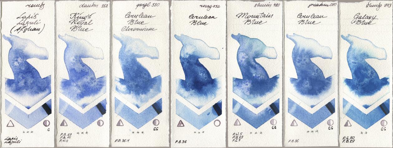 Roman Szmal Aquarius 999 Lapis Lazuli Afghan, Daniel Smith 252 King’s Royal Blue, Golden QOR 330 Cerulean Blue, Chromium, Rosa Gallery 752 Cerulean Blue, Shminke Horadam Aquarell 480 Mountain Blue, M. Graham & Co. Artists 080 Cerulean Blue, 973 Galaxy Bl watercolor swatch
