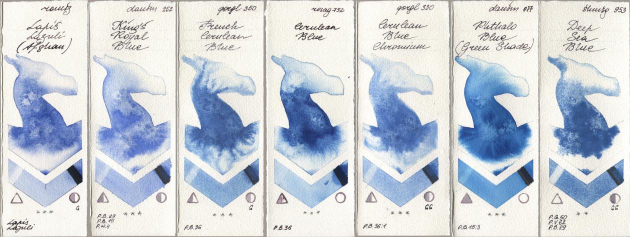 Roman Szmal Aquarius 999 Lapis Lazuli Afghan, Daniel Smith 252 King’s Royal Blue, Golden QOR 350 French Cerulean Blue, Rosa Gallery 752 Cerulean Blue, 330 Cerulean Blue, Chromium, 077 Phthalo Blue (Green Shade), Shminke Horadam Aquarell 953 Deep Sea Bl watercolor swatch