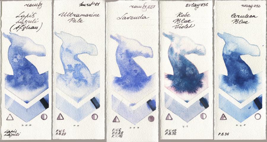 Roman Szmal Aquarius 999 Lapis Lazuli Afghan vs Kuretake Gansai Tambi 061 Ultramatire Pale vs 227 Lavenda vs SuperVision 736 Rose Blue Violet vs Rosa Gallery 752 Cerulean Blue watercolor swatch