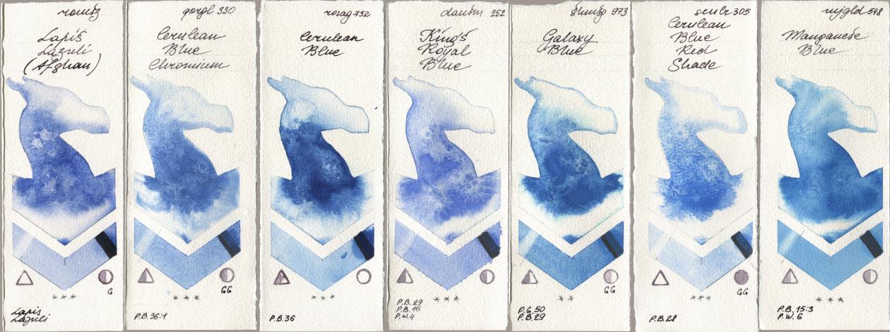 Roman Szmal Aquarius 999 Lapis Lazuli Afghan, Golden QOR 330 Cerulean Blue, Chromium, Rosa Gallery 752 Cerulean Blue, Daniel Smith 252 King’s Royal Blue, Shminke Horadam Aquarell 973 Galaxy Blue, Sennelier l Aquarelle 305 Cerulean Blue Red Shade, Mijello Mission Gold 548 Manganese Bl watercolor swatch